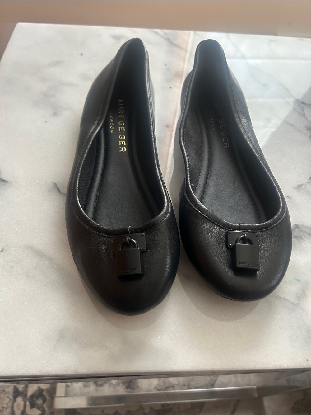 Kurt Geiger Black Leather Ballet Flats with Padlock Charm